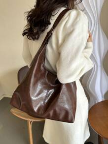 纯色复古休闲大容量可折叠单肩包，轻便，适合学生、购物、旅行 - 咖啡棕 - 查看 6