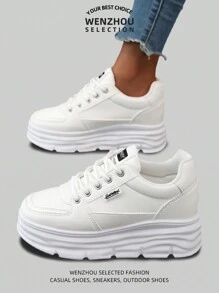 全新女式休闲户外运动鞋，时尚百搭厚底厚底透气轻便舒适白色鞋子 - 白色 - 查看 6