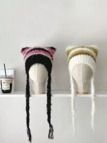 Gorro de punto suave y fresco con bloqueo de color con lazos a rayas en forma de orejas de gato, gorro de punto esponjoso con orejas de gato, gorro de punto cálido con orejas de gato para mujer, gorro de algodón suave y esponjoso con orejas de gato para el invierno - Multicolor - Ver 2
