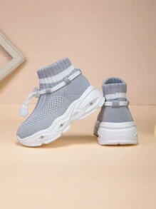 Children's High-Top Breathable Lightweight Soft-Sole Non-Slip Wear-Resistant Athletic Sneakers, Fashion Lighted Sports Shoes For Boys & Girls, Gray & White - Grey - View 4