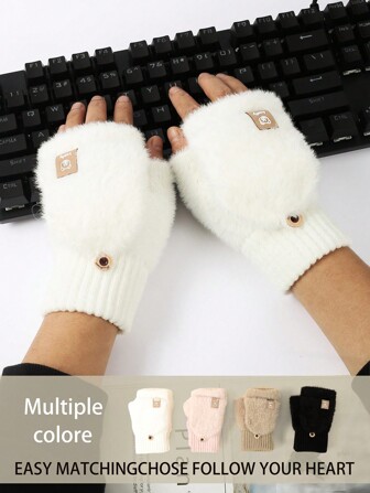 1 Pair Convertible Knitted Fingerless Gloves, Thermal Lined Half Finger Flip Tip Gloves For Students, Office, Cold Weather, Cycling, Outdoor Activities, Touchscreen Capable
