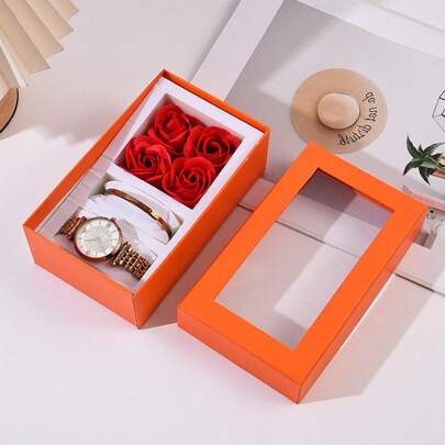 Rose Flower Watch, Bracelet, Necklace Jewelry Gift Box Set, Transparent Top Bottom Lid Gift Box With Window, Suitable For Birthday, Mother's Day Gifts For Mom, Girlfriend