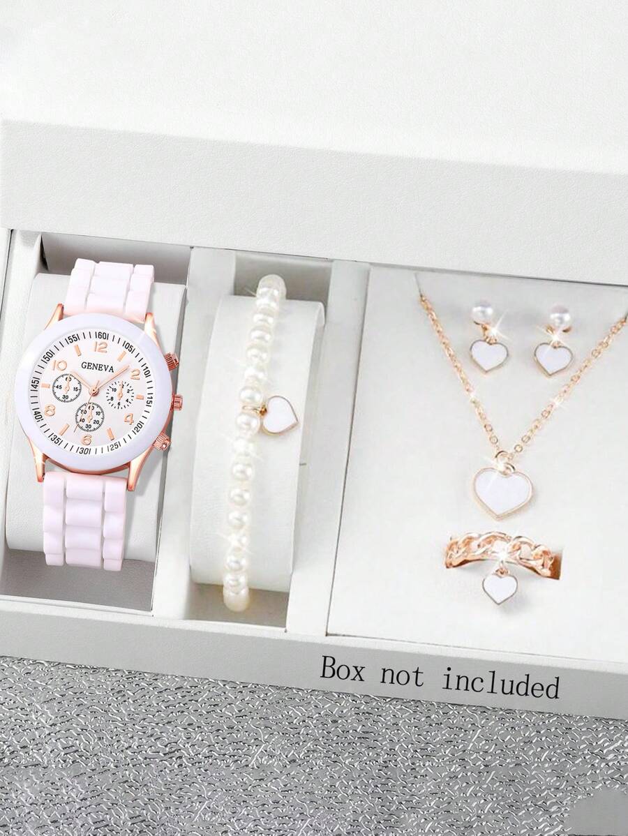 1入新鮮女孩 PU 皮質牡丹錶盤女孩石英錶，附 5 件多功能精美心形環頸鏈、耳環、手鍊、珠寶套裝，是女孩的夢想禮物，也是送給朋友的最佳禮物 - 白色 - 查看 1