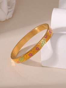1pc Vintage 18K Stainless Steel Wide Bangle Bracelet With Colorful Enamel Floral Engraved Design, Gift For Women - Color - View 4