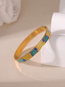 1pc Vintage 18K Stainless Steel Wide Bangle Bracelet With Colorful Enamel Floral Engraved Design, Gift For Women - Color - View 5