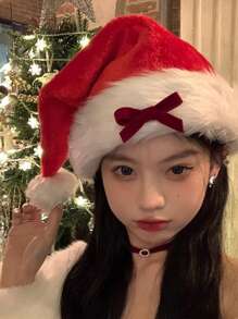 1 件女士圣诞布帽，其他，秋冬季，红色蝴蝶结圣诞帽，甜美清凉，毛绒保暖帽，圣诞头饰 - 紅白色 - 查看 4