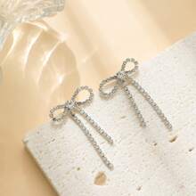 1 Cặp Hoa tai tua rua nơ thời trang thanh lịch dành cho phụ nữ, Hoa tai treo bằng đá Rhinestone lấp lánh dùng hàng ngày, tiệc tùng, đám cưới, quà tặng lý tưởng cho bạn gái - Bạc - Xem 4