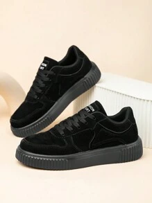 Women Simple Solid Color Patchwork Letter Print Lace-Up Comfortable Flat Shoes, Fashionable Versatile Lightweight Casual Sports Sneakers For Couples