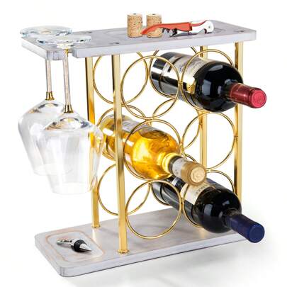Gold Wine Rack With Glass Holder, Countertop Wooden Wine Holder For 6 Bottles & 2 Glasses, Includes Storage Trays For Corks & Openers – Perfect White & Gold Wine Display For Home Bar & Kitchen Decor