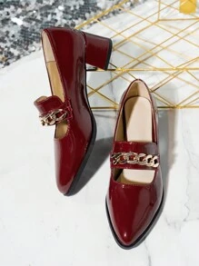 New Slip-On Pumps For Women, Metal Chain Pointed Toe Thick Heels, OL Professional Shoes
