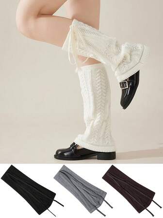 1pc White Knitted Leg Warmers, Ribbed Fitted Calf Leg Warmers