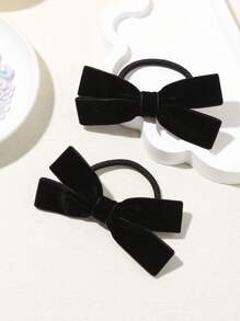4pcs Black Flocked Cute Bowknot Hair Clips + Solid Color Hair Ties, Simple Casual Hair Accessories Set For Girls Daily Use