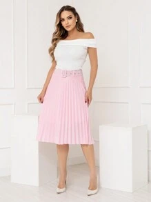 Evangelical Fashion Midi Pleated Skirt With Lined Buckle Belt Code:124 - rosa bebe - Ver 1