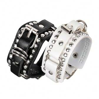 Brazalete de puño punk con tachuelas, brazalete de muñequera de rock, brazalete de banda ajustable, joyería gótica para hombres y mujeres, negro y blanco