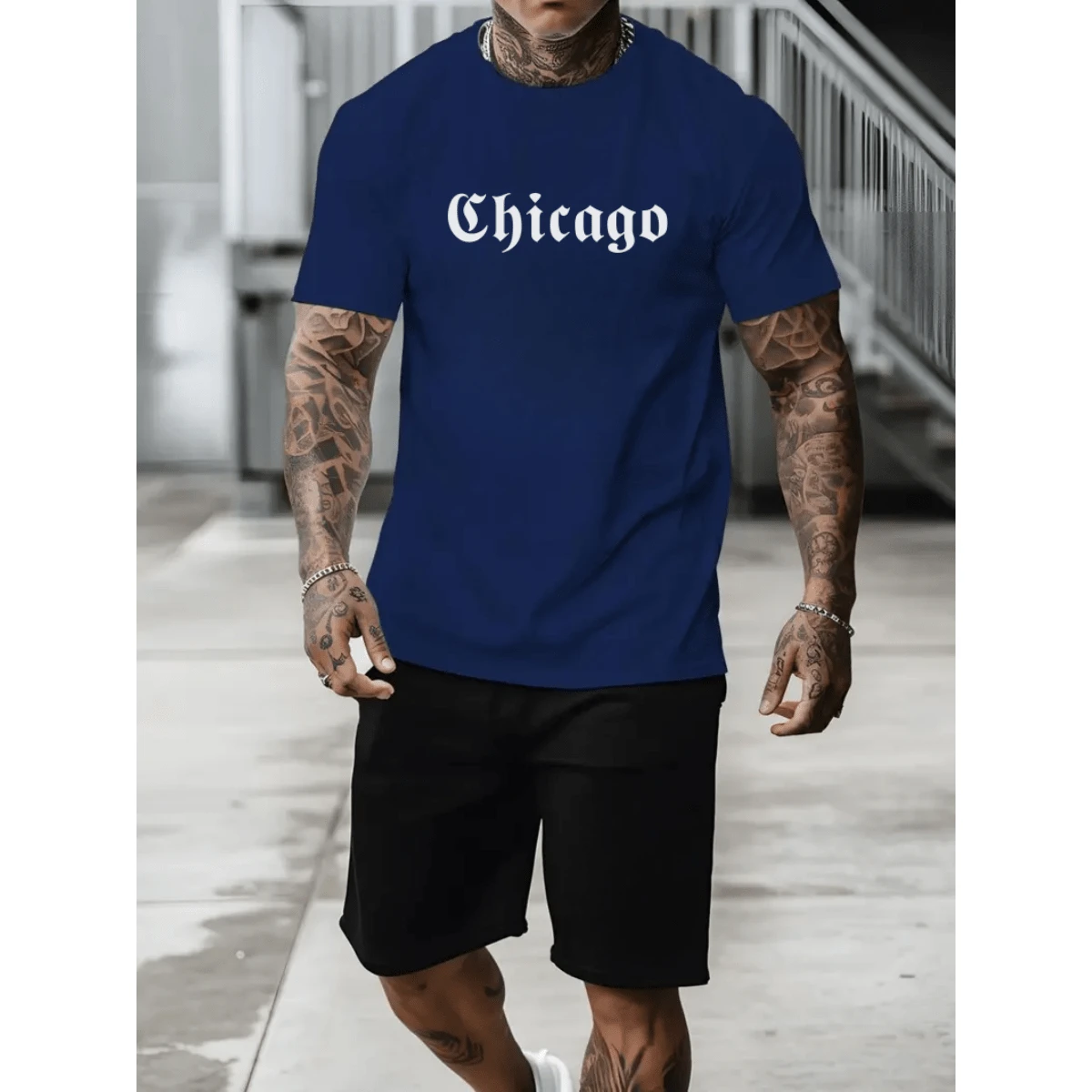 Men's Set T-Shirt And Bermuda Shorts Casual Chicago Print Summer Fashion - Màu xanh hải quân - Xem 1
