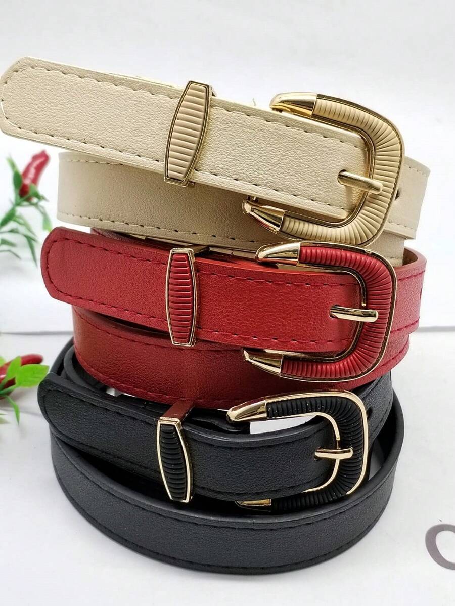 3 Pieces Leather Belt With Buckle 2.3CM - 黑+杏桃+紅 - 查看 1