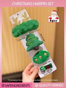 4pcs/Set Christmas Cute Cartoon Hair Clips Hair Ties Set, Santa Claus, Reindeer, Christmas Tree Design, Hair Accessory - Multicolor - View 10