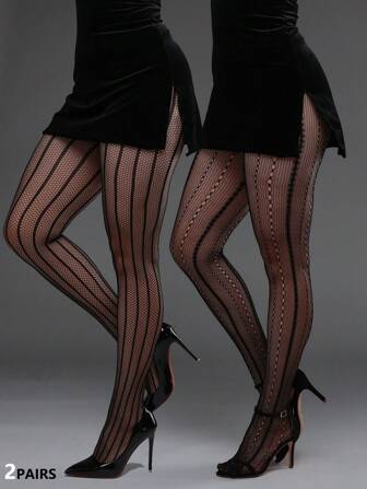 2 piezas Medias de red a rayas de alta elasticidad talla grande para mujer, pantimedias de red negras sexy para disfraz de Halloween