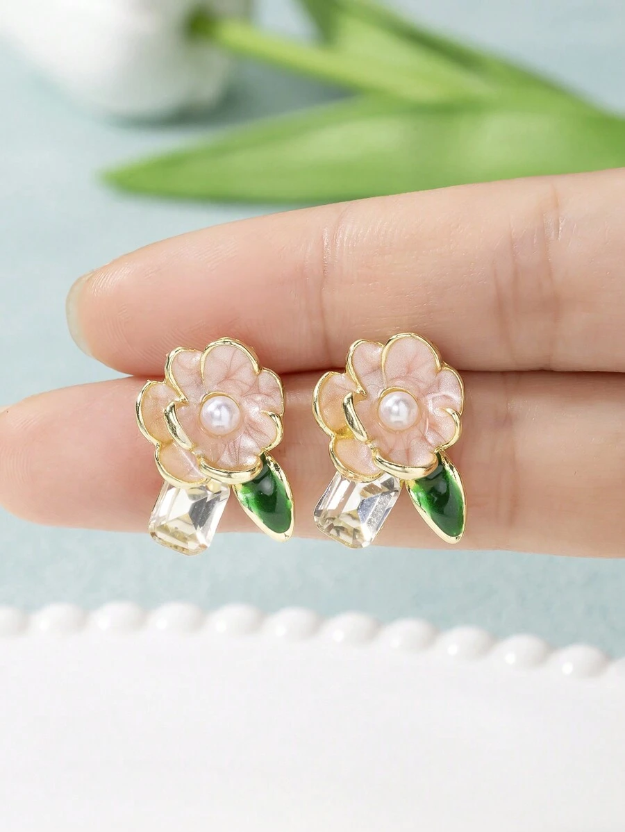1 Cặp hoa kim loại thời trang & hoa hồng Cubic Zirconia dành cho phụ nữ, trang sức đeo hàng ngày & quà tặng - Nhiều màu - Xem 1