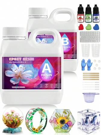1入組高透明UV樹脂滴膠，晶瑩剔透，快速乾燥，低氣味，無收縮DIY手工UV硬膠，附帶配件套裝包括盒子、手套、滴管、攪拌棒、顏料等等。可選擇50毫升、100毫升、250毫升和500毫升。