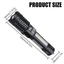 1pc Super Bright Multi-Fuction LED Flashlight COB Side Floodlight Rechargeable Powerful Zoom Torch With Power Display Emergency Hammer For Self Defense - Black - View 8