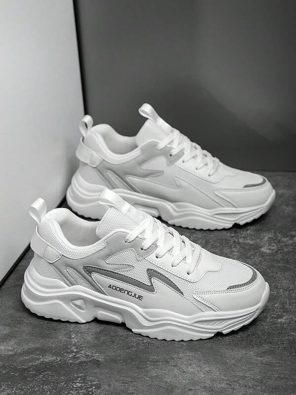 Men's Black & Grey Mesh Leather Splice Design Comfortable Running Shoes, Fashionable Casual Outdoor Sports Sneakers