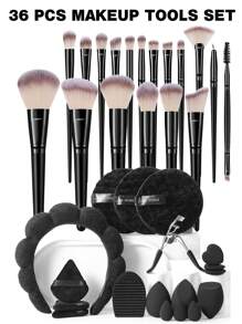 18/36/37pcs Makeup Tools Set, Includes: 1pc Multifunctional Waterproof Zipper Cosmetic Bag + 18pcs Makeup Brushes Set + 3pcs Makeup Sponges + 3pcs Mini Makeup Sponges + 3pcs Triangle Powder Puffs + 3pcs Mini Air Cushion Puffs + 1pc Eyelash Curler + 1pc Hair Band + 3pcs Facial Cleansing Sponges + 1pc Makeup Brush Cleaning Tool