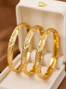 1/3/6pcs Traditional Sand Gold Handcrafted Carved Starry Sky Pattern 24K Gold Plated Bangle Bracelet, Suitable For Women's Daily Wear And Gift, No Box - Gold - View 3