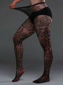 1pc Plus Size High Stretch Big Floral Fishnet Tights, Women Sexy Mesh Black Pantyhose, Halloween Costume - Black - View 4