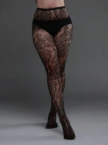 1pc Plus Size High Stretch Big Floral Fishnet Tights, Women Sexy Mesh Black Pantyhose, Halloween Costume - Black - View 1