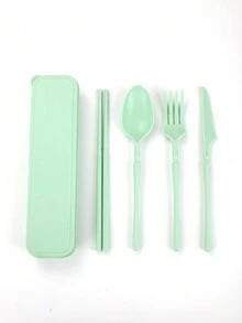 5pcs Plastic Cutlery Set With Knife, Fork, Spoon And Chopsticks, Portable Reusable Utensil Set With Storage Box For Outdoor Use - Multicolor - View 10