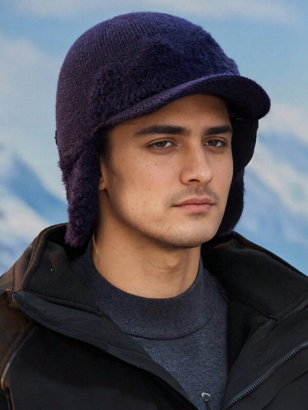2pcs Men's Adjustable Beanie Hat + Scarf Set, Stitching Fluffy Lined Knit Earmuffs Warm Winter Outdoor Cap, Suitable For Men, Casual And Daily Use