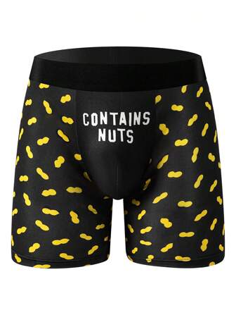 1 Pc Of Men's Fashionable Peanut Pattern Long Boxing Shorts, Breathable And Comfortable, High Elasticity And Comfortable Men's Long Boxing Shorts, Men's Innovative Underwear