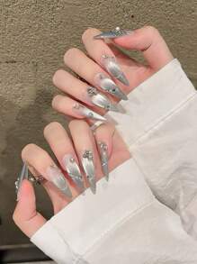 10 件/套水滴法式哑光蓝猫眼假指甲，饰有珍珠、水钻和金属饰钉，可增强手指纤细度和肤色，适合礼服、工作服、派对、约会，可重复使用，带指甲胶按压指甲美甲用品 - 霧霾藍 - 查看 4