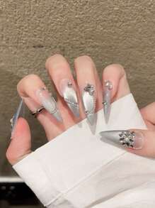 10 件/套水滴法式哑光蓝猫眼假指甲，饰有珍珠、水钻和金属饰钉，可增强手指纤细度和肤色，适合礼服、工作服、派对、约会，可重复使用，带指甲胶按压指甲美甲用品 - 霧霾藍 - 查看 5