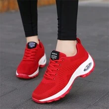 大码女式纯色轻便运动鞋，防滑软底网眼透气休闲鞋，厚底系带跑步、徒步旅行、旅行、舞蹈 - 紅色 - 查看 1