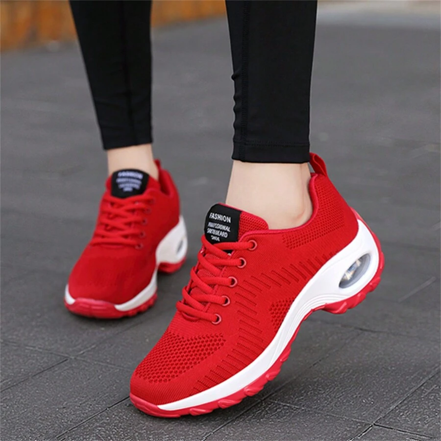 大码女式纯色轻便运动鞋，防滑软底网眼透气休闲鞋，厚底系带跑步、徒步旅行、旅行、舞蹈 - 紅色 - 查看 1