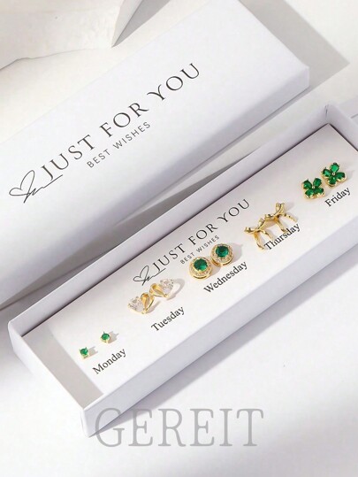 GEREIT 5pairs/Set Fashion Clover, Bow, Heart Zirconia Stud Earrings Jewelry Set, Suitable For Women Daily Wear Valentines,Mom,Mother,Mother's Day,Gift