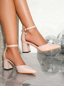 Giày cao gót mũi nhọn, chất liệu da bóng, trang trí bằng dây đeo và khóa ngọc trai giả, giày nữ khoét rỗng thanh lịch và thời trang - Màu be - Xem 2