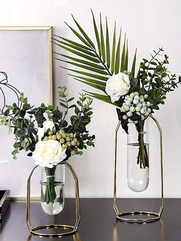 1pc Golden Vase With Metal Frame, Modern Creative Hydroponics Vase, Creative Home Living Room Home Decoration, Flower Arrangement Dried Flower Decoration Table Decoration - Small & Large Room Decor Flower Vase Glass Vase