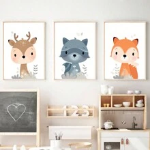 Cartoon Tier Wandkunst Dekoration, nordische süße Fuchs, Hirsch, Hase Gemälde für Kinderzimmer, Wohnzimmer, Schlafzimmer, Kinderzimmer (ohne Rahmen)