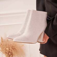 Electric Rhinestone Ankle Boots With Block Heel – Bold Sparkle And Luxurious Finish - White - View 2