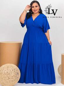 Plus Size Long Dress V Neck Short Sleeve - Royal Blue - View 3