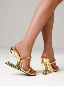 Women's Open Toe Metallic Teeth Mules Fashion Wedges High Heel Slip On Party Sexy Slingback Slides Sandals Woman - Gold Lizard Pattern - 查看 2