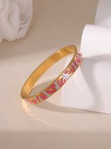 1pc Vintage 18K Stainless Steel Wide Bangle Bracelet With Colorful Enamel Floral Engraved Design, Gift For Women - Color - View 7