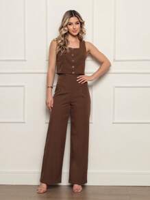 Women's Cropped Tailored Set With Square Collar And Long Trousers - Rỉ Nâu - Xem 1
