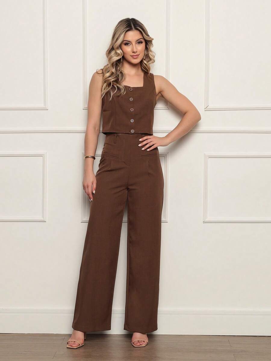 Women's Cropped Tailored Set With Square Collar And Long Trousers - Rỉ Nâu - Xem 1