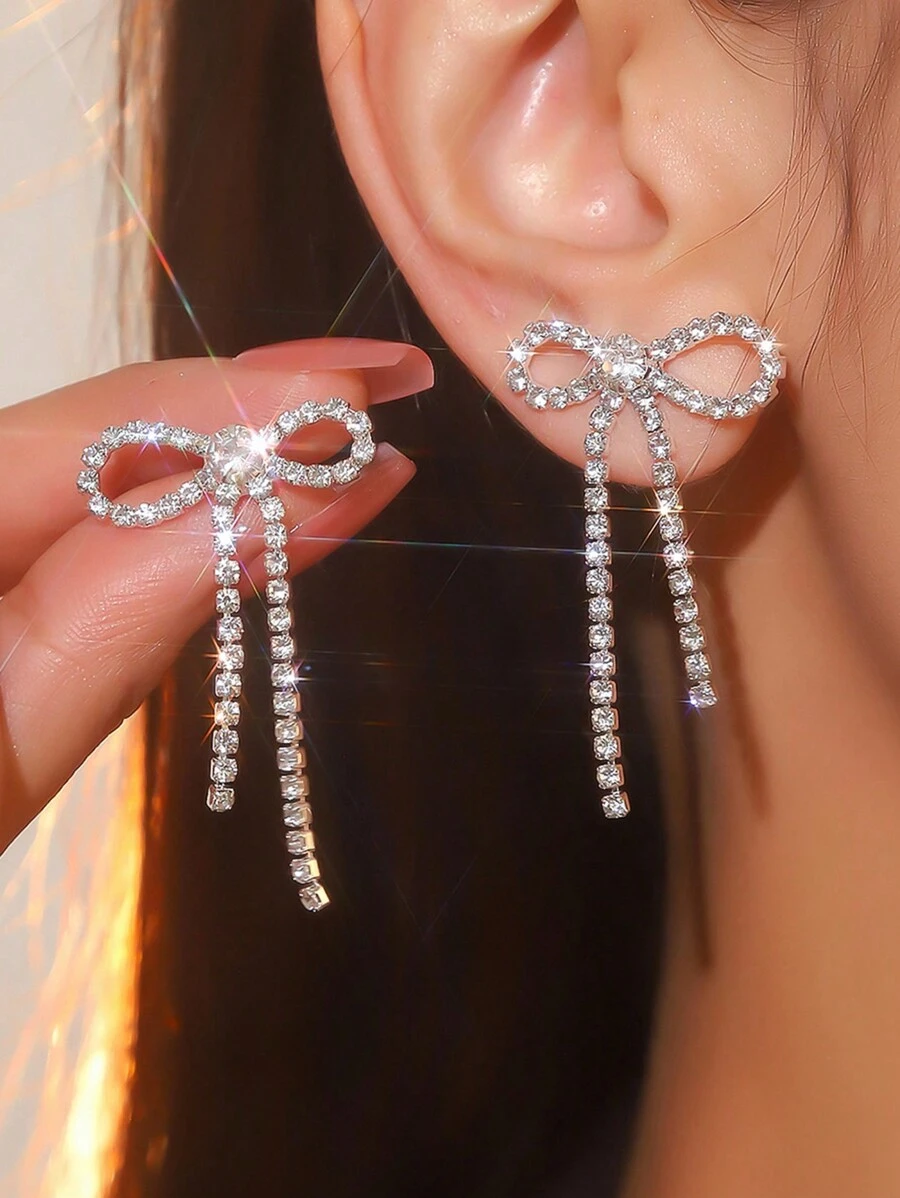 1 Pair Elegant Bowknot With Tassel Earrings, Suitable For Women's Daily Wear Valentines,Mom,Mother,Mother's Day,Gift - Silver - View 1