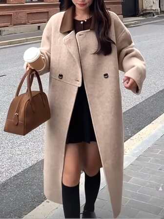 1pc Mid-Length Double-Sided Overcoat, Coffee Colored, Winter
