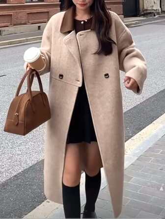 1pc Mid-Length Double-Sided Overcoat, Coffee Colored, Winter